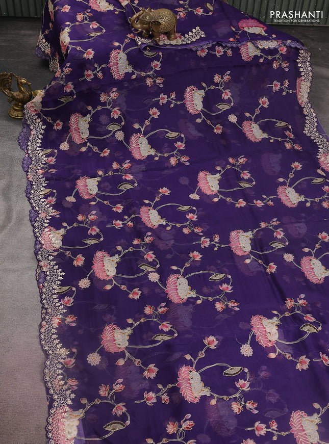 Pure organza silk saree blue with pichwai prints & pita work and embroidery border