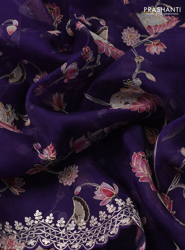 Pure organza silk saree blue with pichwai prints & pita work and embroidery border