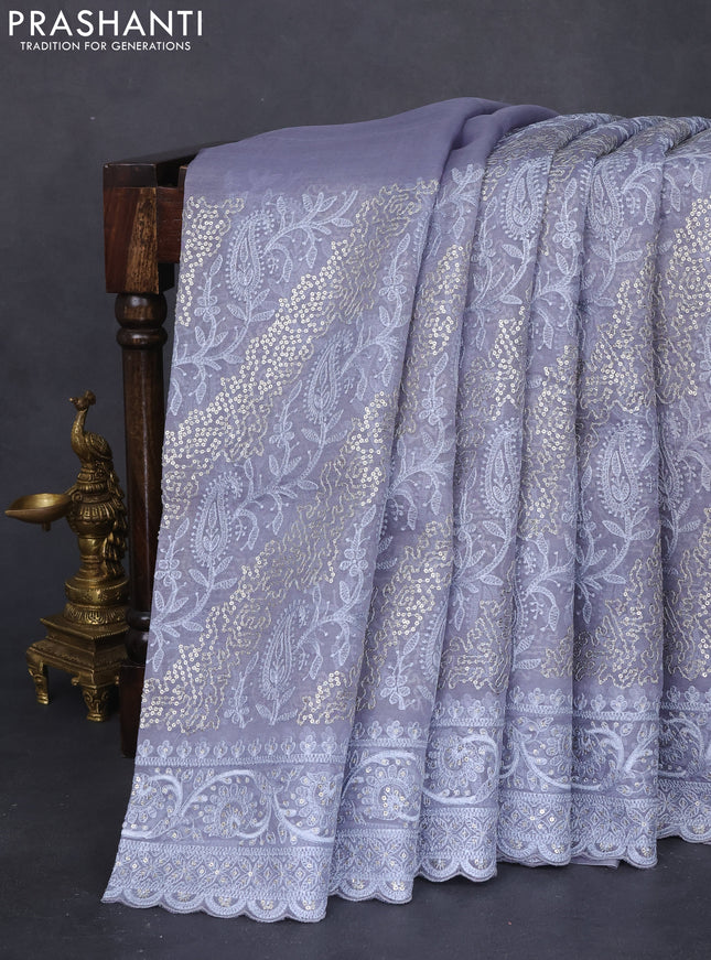 Pure organza silk saree grey with allover chikankari & sequin work and embroidery border