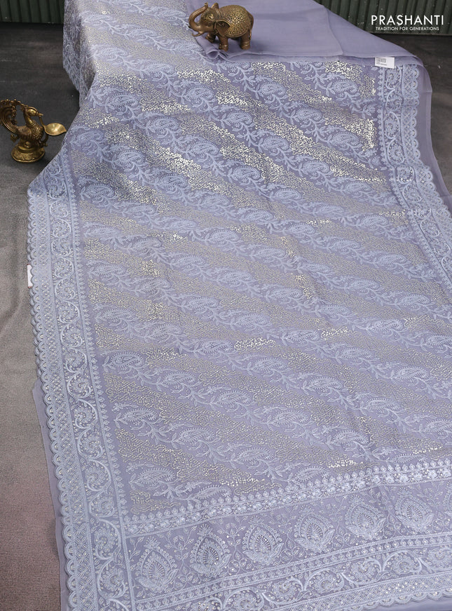 Pure organza silk saree grey with allover chikankari & sequin work and embroidery border