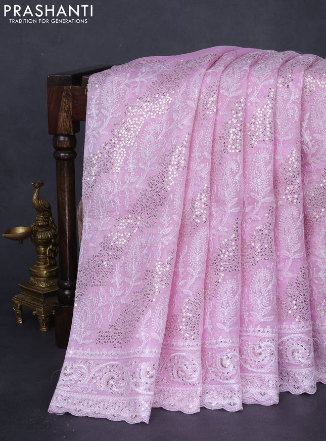 Pure organza silk saree lotus pink with allover chikankari & sequin work and embroidery border