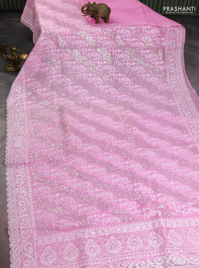 Pure organza silk saree lotus pink with allover chikankari & sequin work and embroidery border