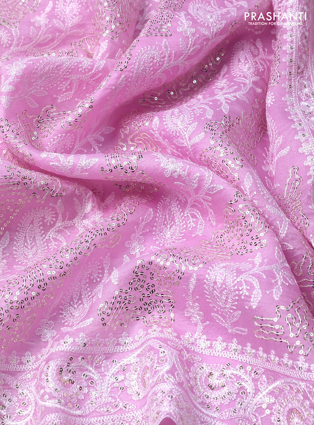 Pure organza silk saree lotus pink with allover chikankari & sequin work and embroidery border