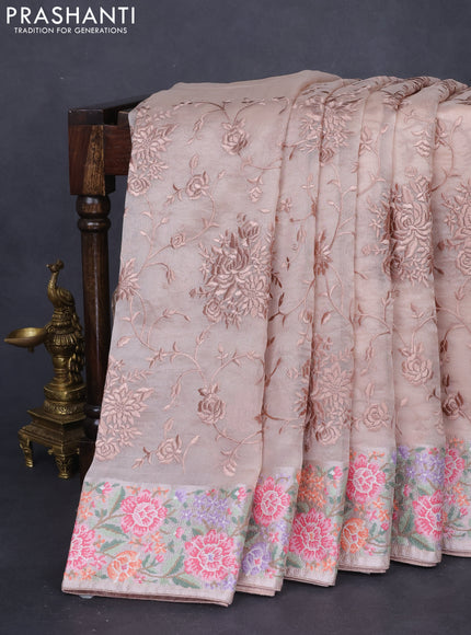 Pure organza silk saree sandal with allover parsi work and floral design embroidery border