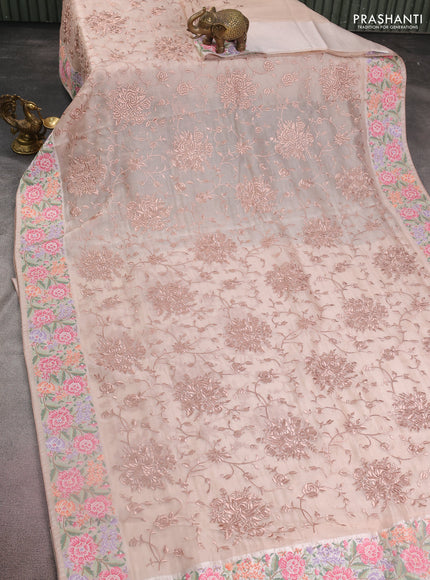 Pure organza silk saree sandal with allover parsi work and floral design embroidery border