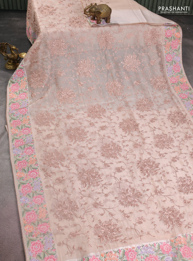 Pure organza silk saree sandal with allover parsi work and floral design embroidery border