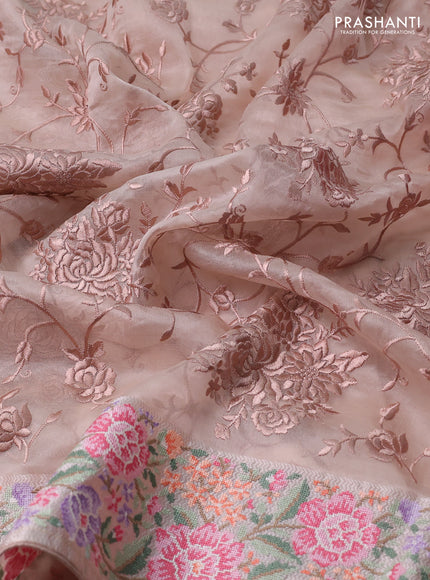 Pure organza silk saree sandal with allover parsi work and floral design embroidery border