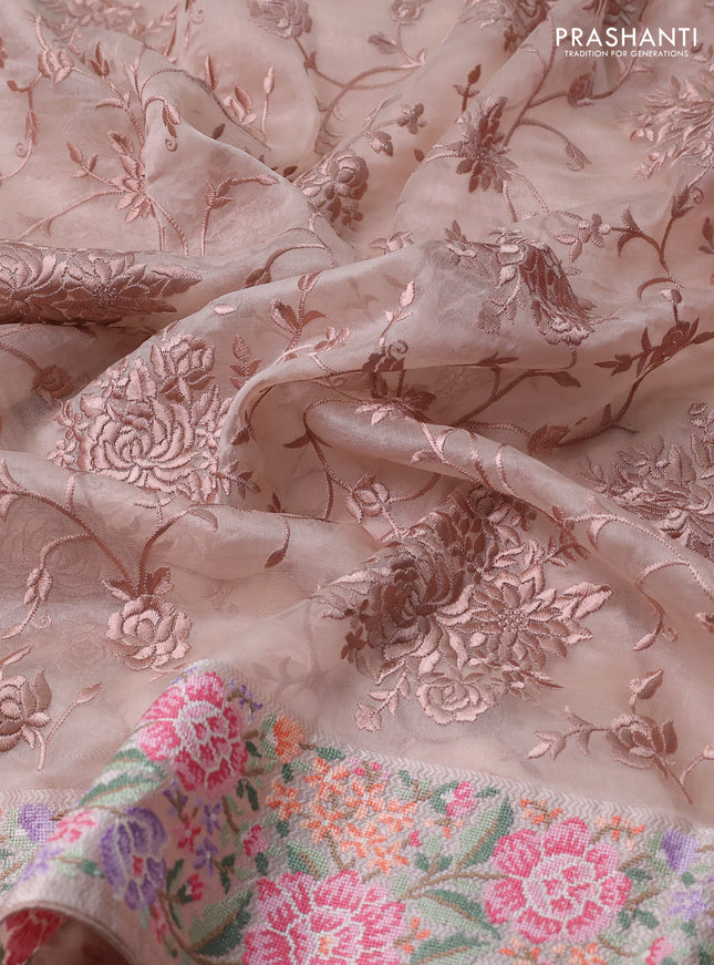 Pure organza silk saree sandal with allover parsi work and floral design embroidery border