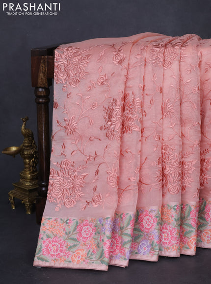 Pure organza silk saree peach shade with allover parsi work and floral design embroidery border