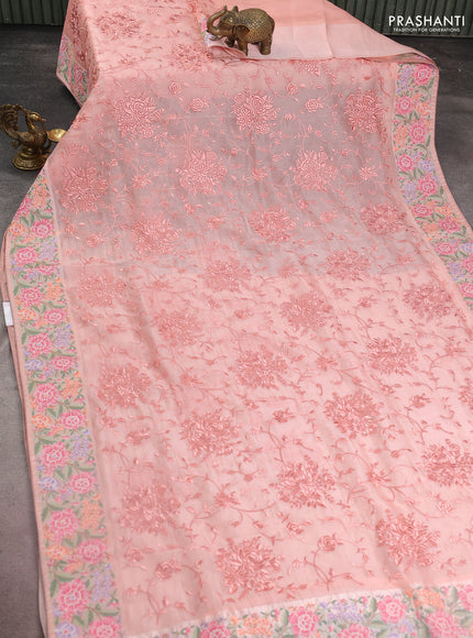Pure organza silk saree peach shade with allover parsi work and floral design embroidery border