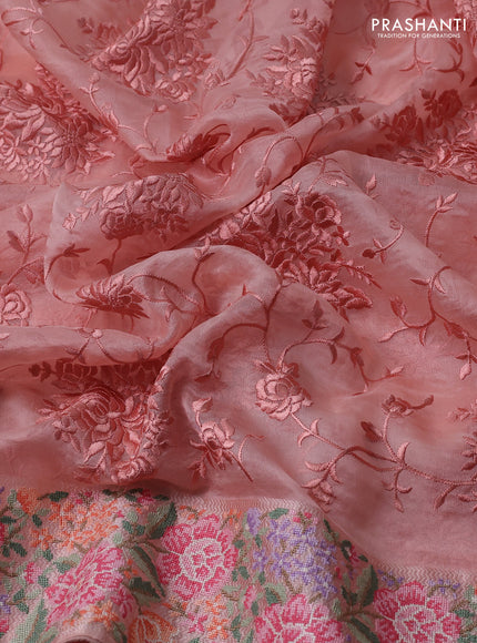 Pure organza silk saree peach shade with allover parsi work and floral design embroidery border