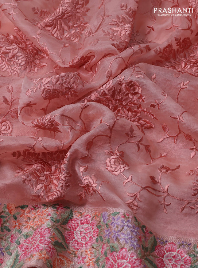 Pure organza silk saree peach shade with allover parsi work and floral design embroidery border