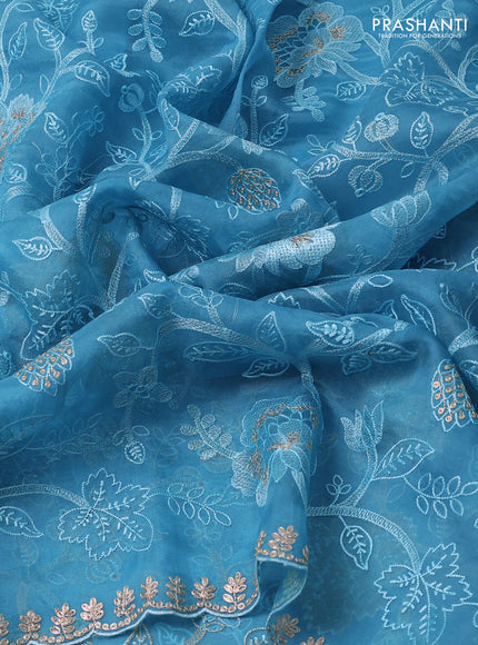 Pure organza silk saree light blue with allover floral embroidery and zari woven border