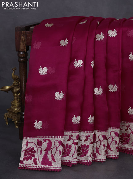 Pure organza silk saree maroon with annam zari woven buttas and peacock design zari woven border