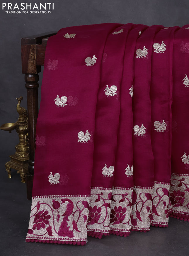 Pure organza silk saree maroon with annam zari woven buttas and peacock design zari woven border