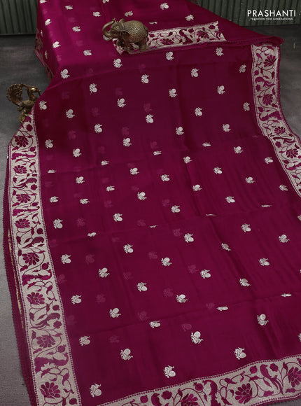 Pure organza silk saree maroon with annam zari woven buttas and peacock design zari woven border