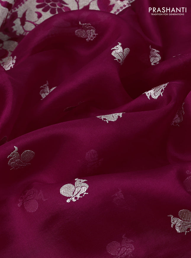 Pure organza silk saree maroon with annam zari woven buttas and peacock design zari woven border