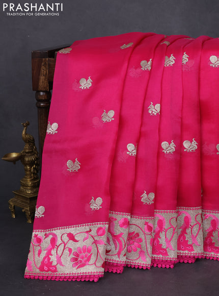 Pure organza silk saree pink with annam zari woven buttas and peacock design zari woven border