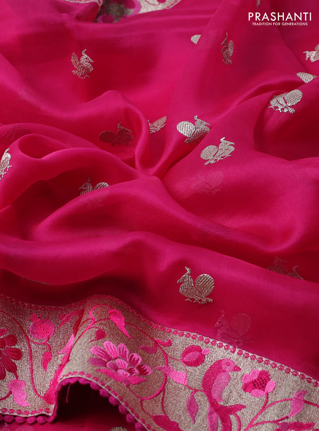 Pure organza silk saree pink with annam zari woven buttas and peacock design zari woven border