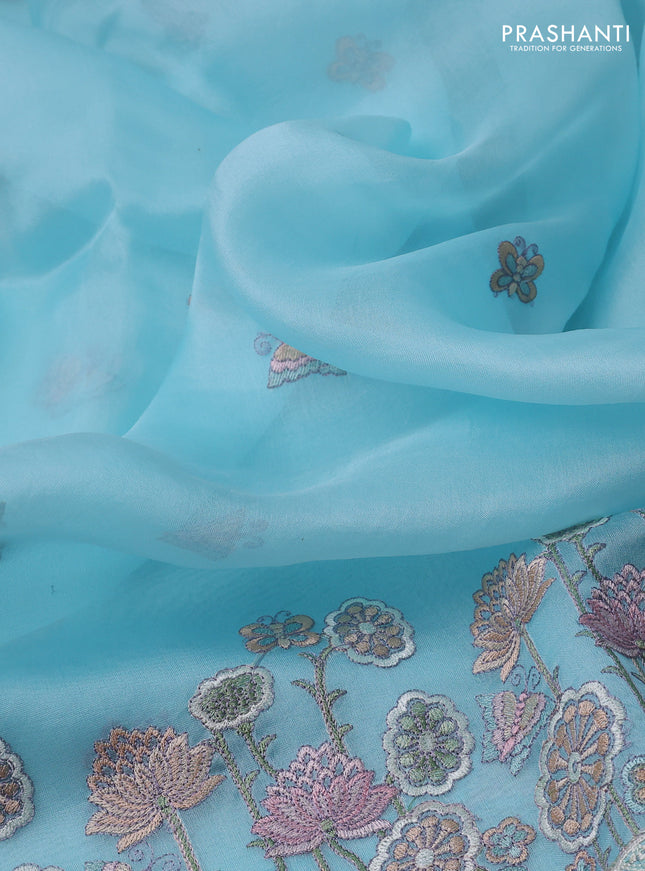 Pure organza silk saree light blue with butterfly embroidery and floral design embroidery border