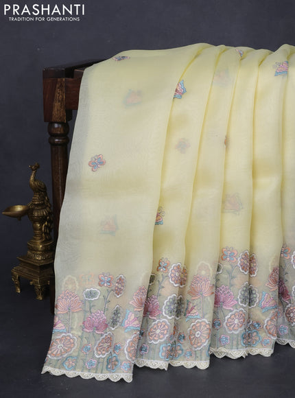 Pure organza silk saree lime yellow with butterfly embroidery and floral design embroidery border