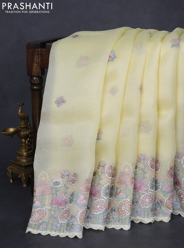 Pure organza silk saree lime yellow with butterfly embroidery and floral design embroidery border