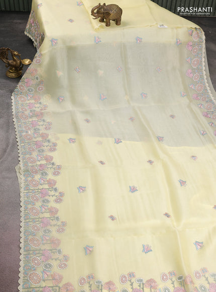 Pure organza silk saree lime yellow with butterfly embroidery and floral design embroidery border