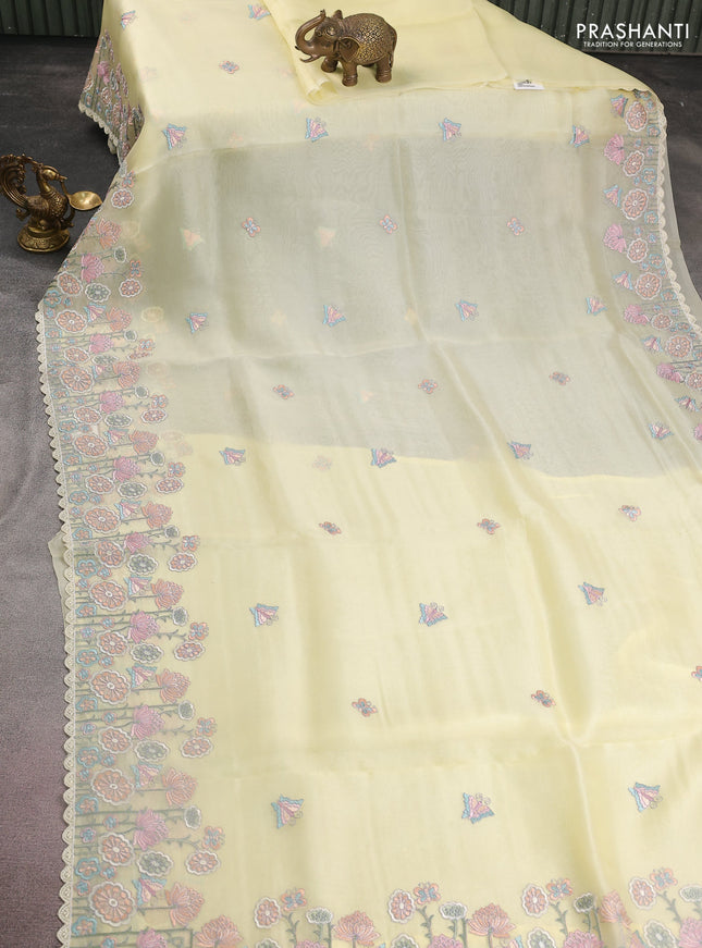 Pure organza silk saree lime yellow with butterfly embroidery and floral design embroidery border