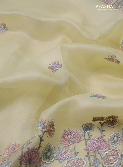 Pure organza silk saree lime yellow with butterfly embroidery and floral design embroidery border