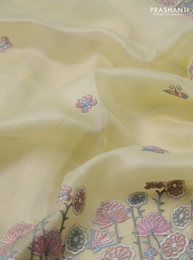 Pure organza silk saree lime yellow with butterfly embroidery and floral design embroidery border