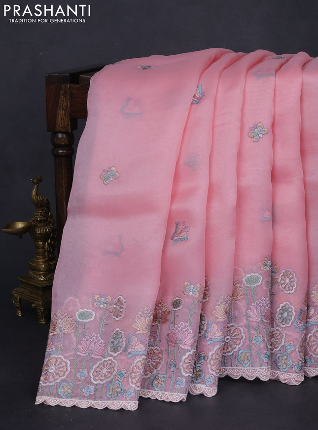 Pure organza silk saree light pink with butterfly embroidery and floral design embroidery border