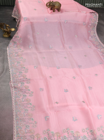 Pure organza silk saree light pink with butterfly embroidery and floral design embroidery border