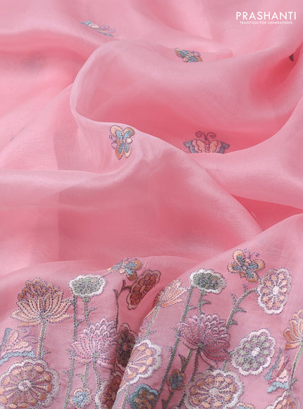 Pure organza silk saree light pink with butterfly embroidery and floral design embroidery border