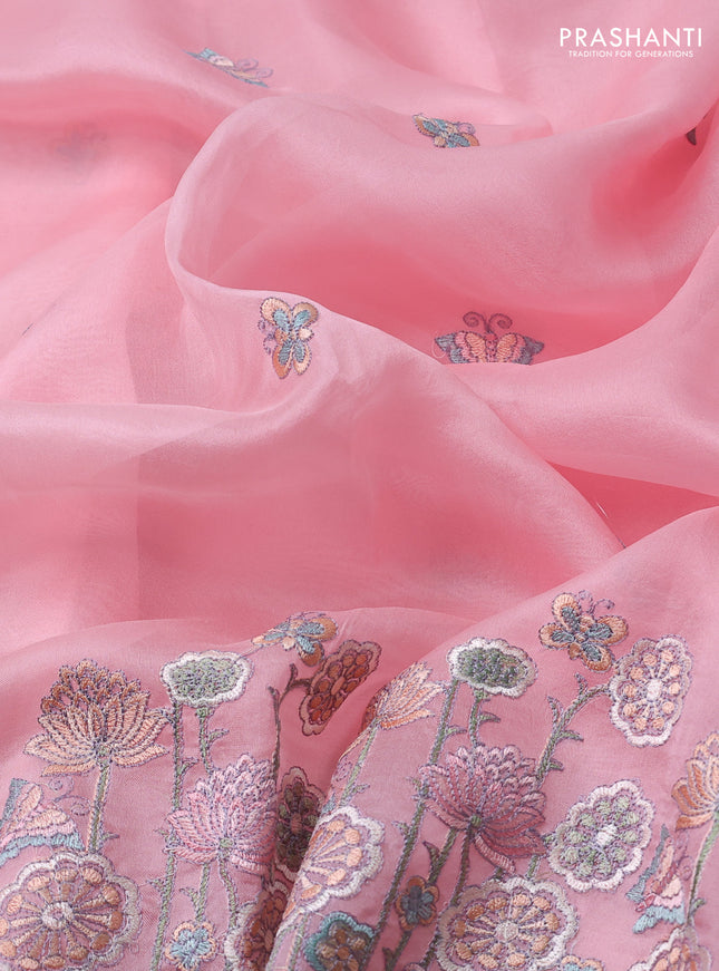 Pure organza silk saree light pink with butterfly embroidery and floral design embroidery border