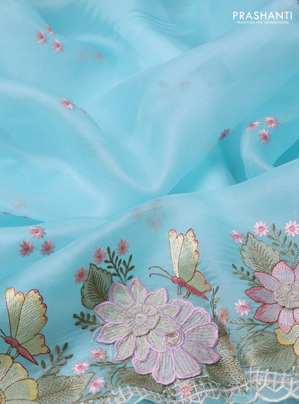 Pure organza silk saree light blue with allover floral embroidery and floral design embroidery border