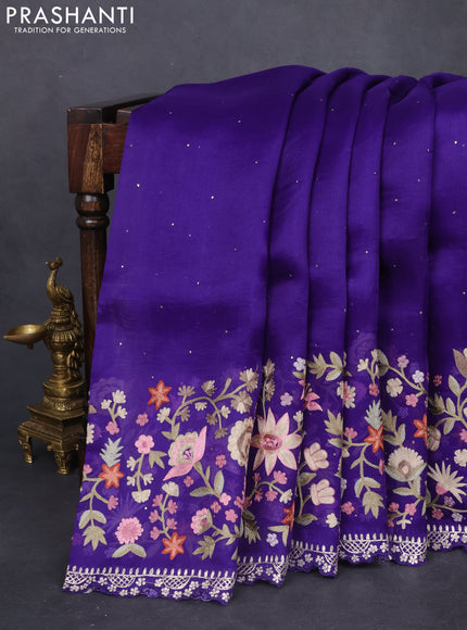 Pure organza silk saree violet with golden buttas and floral embroidery border