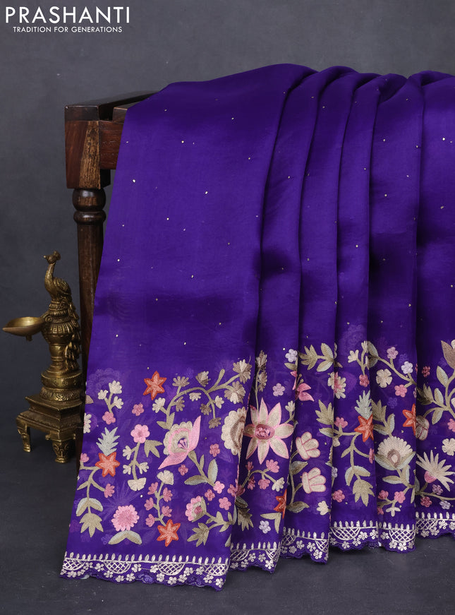 Pure organza silk saree violet with golden buttas and floral embroidery border