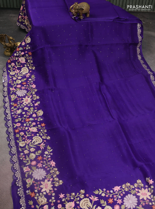 Pure organza silk saree violet with golden buttas and floral embroidery border