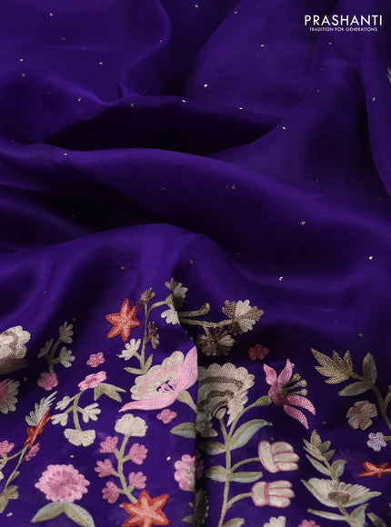 Pure organza silk saree violet with golden buttas and floral embroidery border