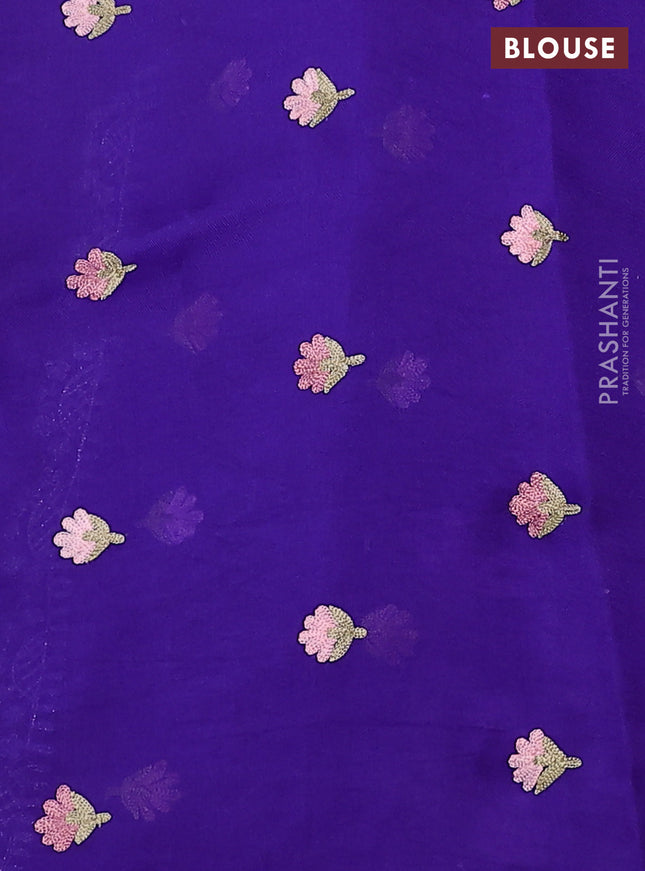 Pure organza silk saree violet with golden buttas and floral embroidery border