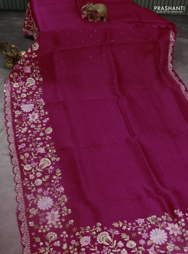 Pure organza silk saree pink with golden buttas and floral embroidery border