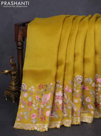 Pure organza silk saree mustard yellow with golden buttas and floral embroidery border