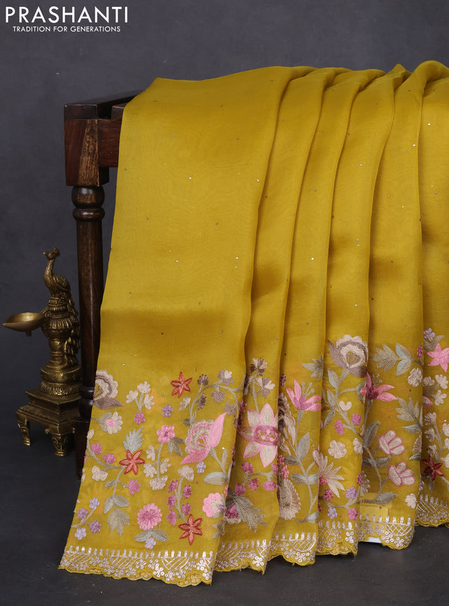 Pure organza silk saree mustard yellow with golden buttas and floral embroidery border