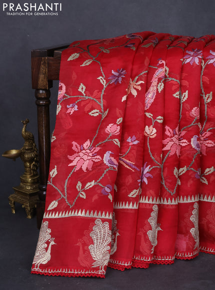 Pure organza silk saree maroon with allover embroidery and zari woven butta border