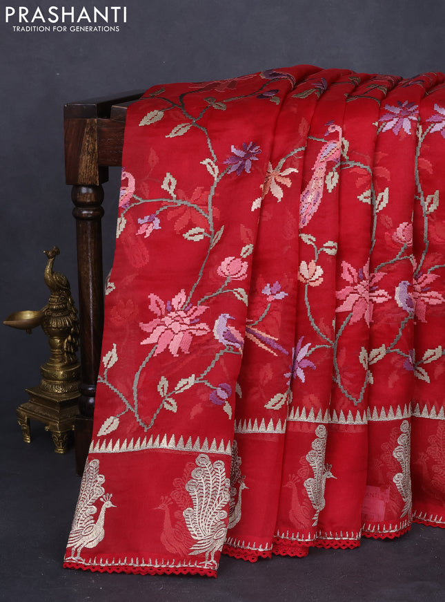 Pure organza silk saree maroon with allover embroidery and zari woven butta border