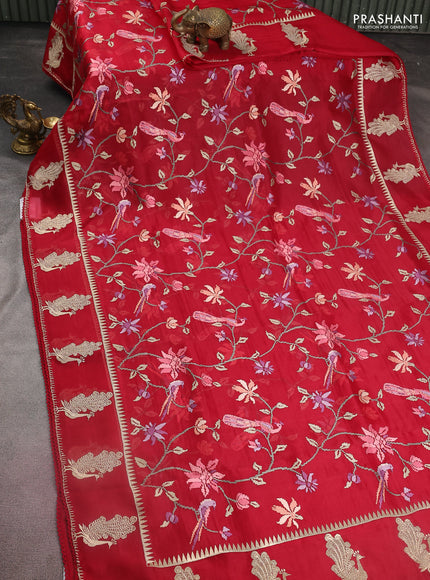 Pure organza silk saree maroon with allover embroidery and zari woven butta border