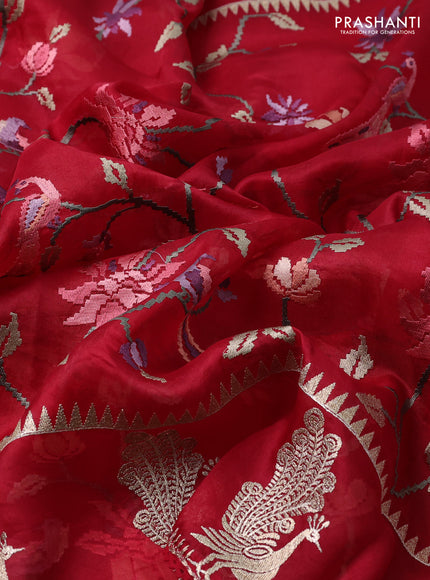 Pure organza silk saree maroon with allover embroidery and zari woven butta border