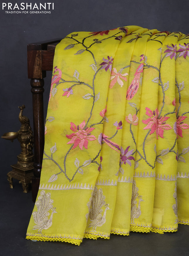 Pure organza silk saree lime yellow with allover embroidery and zari woven butta border