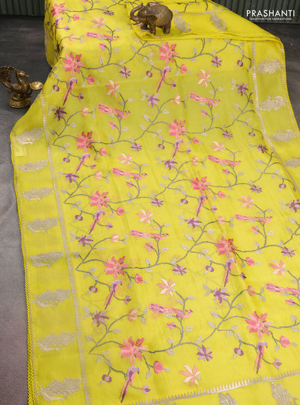 Pure organza silk saree lime yellow with allover embroidery and zari woven butta border