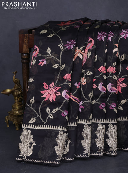 Pure organza silk saree black with allover embroidery and zari woven butta border